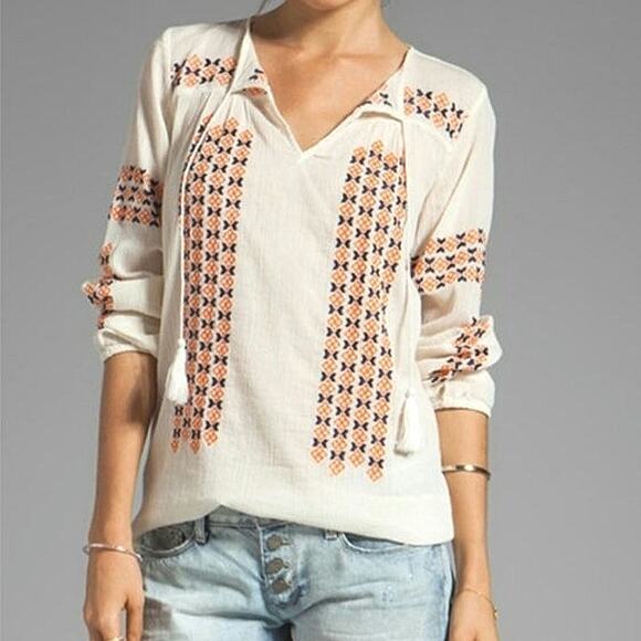 Joie Embroidered Boho Peasant Top Long Sleeve Lightweight Ivory Cream Cotton M - Picture 15 of 16